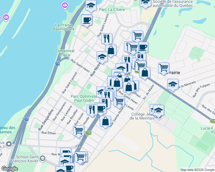 map of restaurants, bars, coffee shops, grocery stores, and more near 426 Rue Saint-Henri in La Prairie