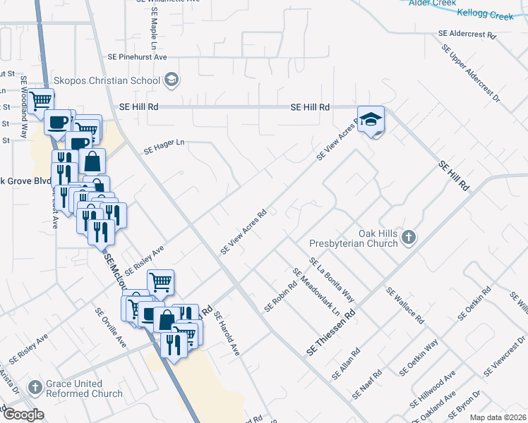map of restaurants, bars, coffee shops, grocery stores, and more near 4107 Southeast View Acres Road in Milwaukie