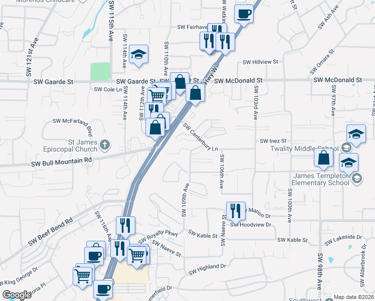map of restaurants, bars, coffee shops, grocery stores, and more near 14763 Southwest 109th Avenue in Portland