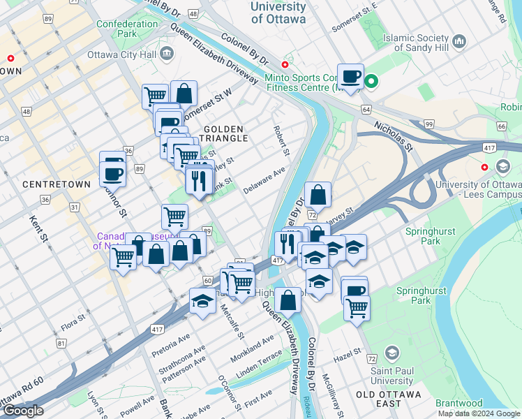 map of restaurants, bars, coffee shops, grocery stores, and more near 130 Queen Elizabeth Driveway in Ottawa