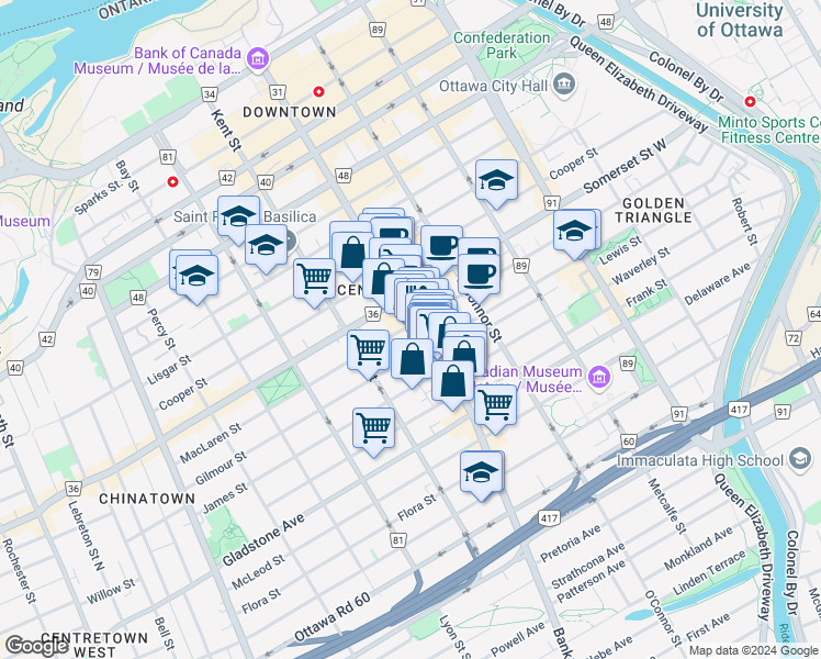 map of restaurants, bars, coffee shops, grocery stores, and more near 421 Gilmour Street in Ottawa