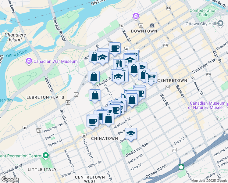 map of restaurants, bars, coffee shops, grocery stores, and more near 414 Nepean Street in Ottawa