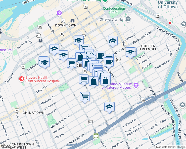 map of restaurants, bars, coffee shops, grocery stores, and more near 384 MacLaren Street in Ottawa
