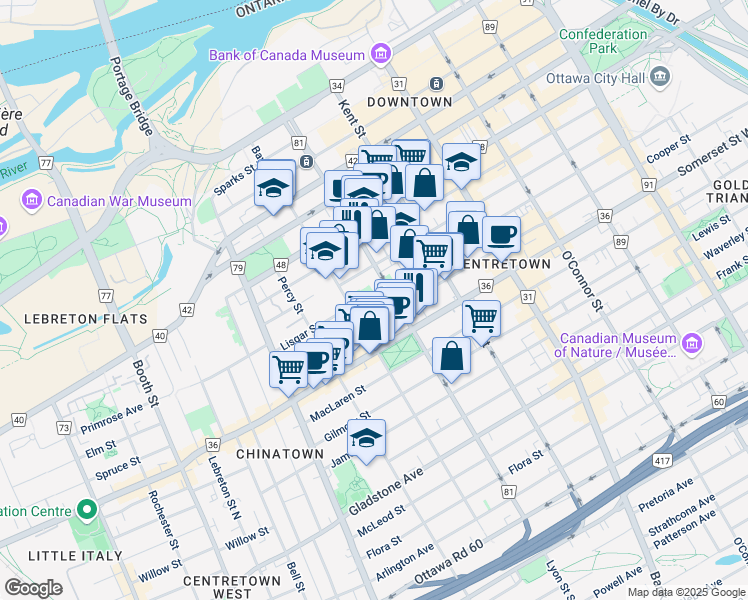 map of restaurants, bars, coffee shops, grocery stores, and more near 313 Bay Street in Ottawa
