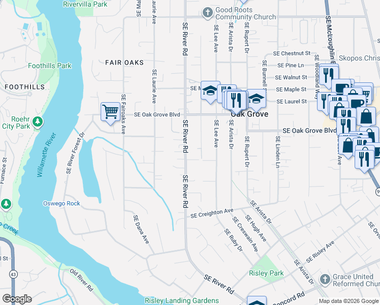 map of restaurants, bars, coffee shops, grocery stores, and more near 14904 Southeast River Road in Milwaukie
