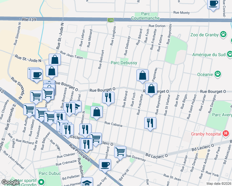 map of restaurants, bars, coffee shops, grocery stores, and more near 316 Rue Bouchard in Granby