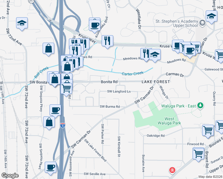 map of restaurants, bars, coffee shops, grocery stores, and more near 5799 Southwest Langford Lane in Lake Oswego