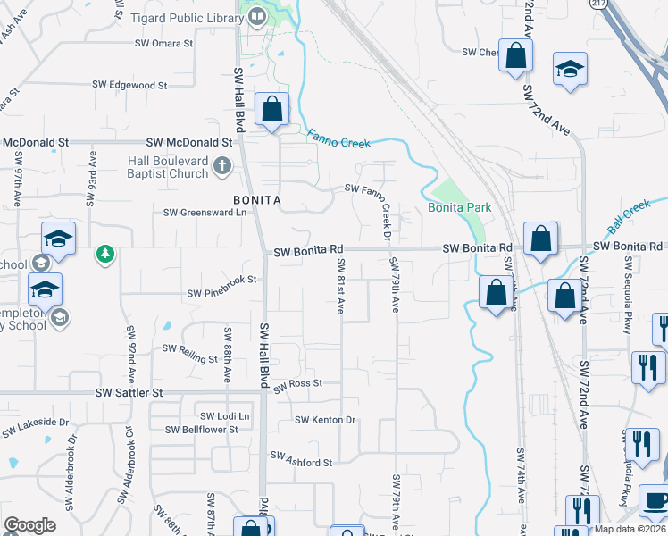 map of restaurants, bars, coffee shops, grocery stores, and more near 14635 Southwest 81st Avenue in Tigard