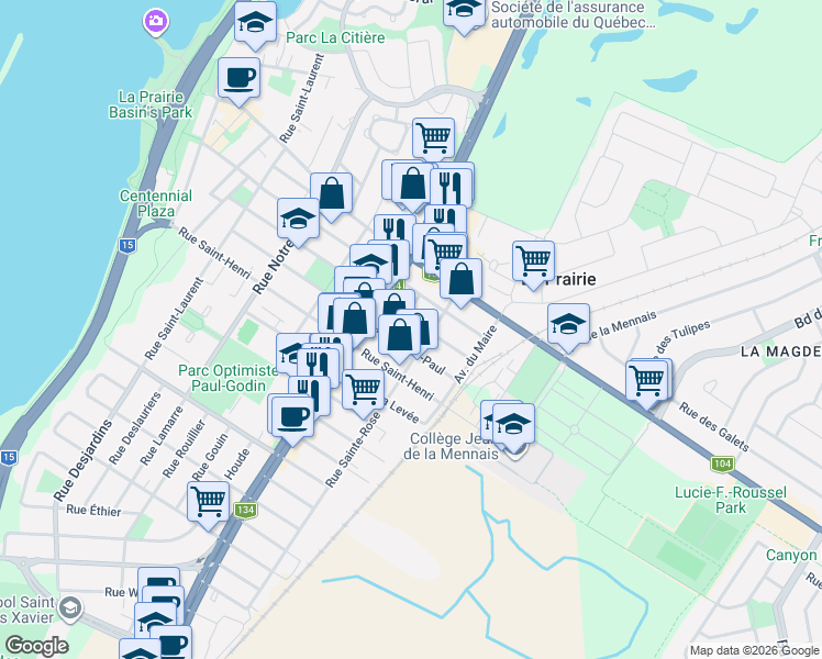 map of restaurants, bars, coffee shops, grocery stores, and more near 570A Rue Saint-Charles in La Prairie