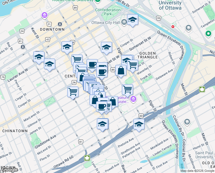 map of restaurants, bars, coffee shops, grocery stores, and more near 420 Lewis Street in Ottawa