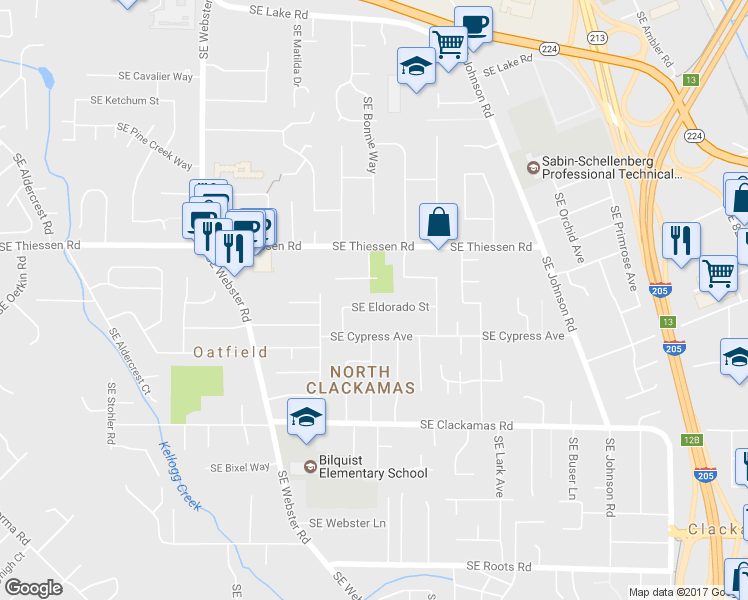 map of restaurants, bars, coffee shops, grocery stores, and more near 7525 Southeast Eldorado Street in Milwaukie