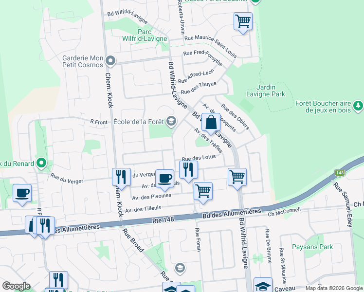 map of restaurants, bars, coffee shops, grocery stores, and more near 69 Rue des Camelias in Gatineau