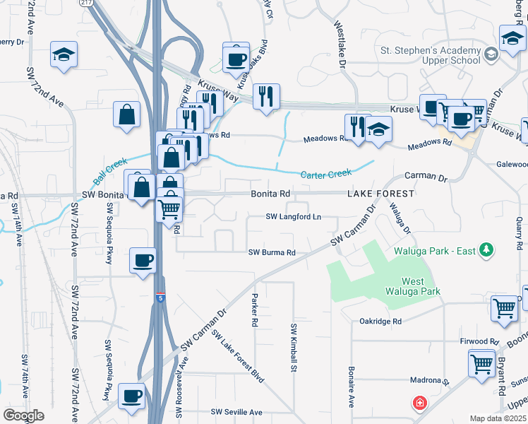 map of restaurants, bars, coffee shops, grocery stores, and more near 5887 Southwest Langford Lane in Lake Oswego