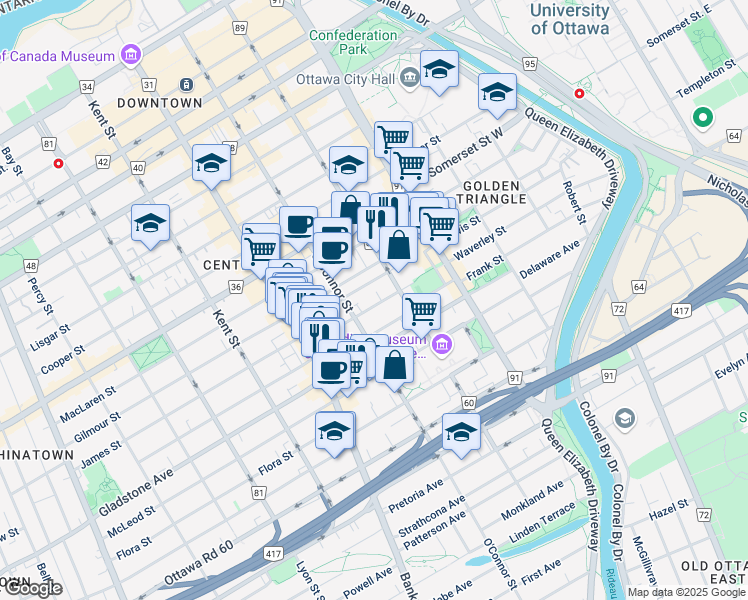 map of restaurants, bars, coffee shops, grocery stores, and more near 345 Frank Street in Ottawa