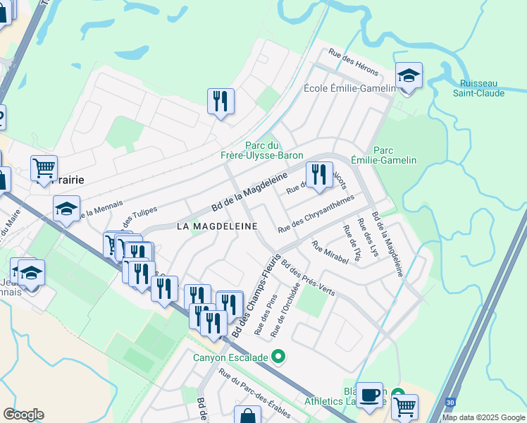 map of restaurants, bars, coffee shops, grocery stores, and more near 25 Rue des Chrysanthèmes in La Prairie