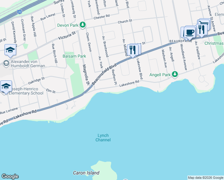 map of restaurants, bars, coffee shops, grocery stores, and more near 594 Rue Lakeshore in Beaconsfield