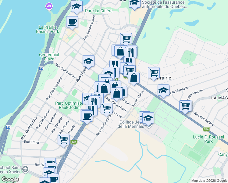 map of restaurants, bars, coffee shops, grocery stores, and more near 535 Rue Saint-Paul in La Prairie