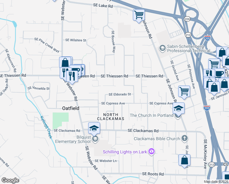 map of restaurants, bars, coffee shops, grocery stores, and more near 7525 Southeast Eldorado Street in Milwaukie