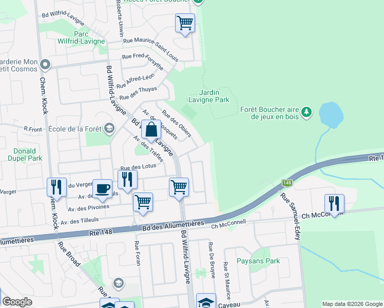 map of restaurants, bars, coffee shops, grocery stores, and more near 108 Rue des Pinacees in Gatineau