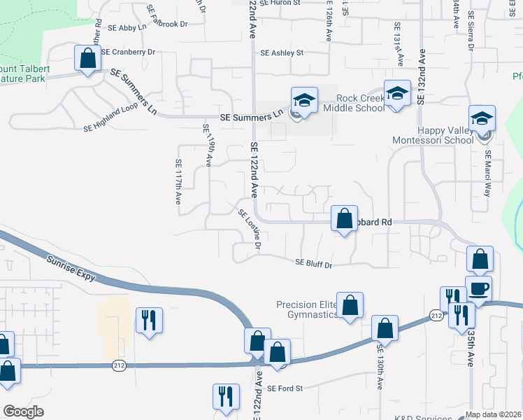 map of restaurants, bars, coffee shops, grocery stores, and more near 15146 Southeast 122nd Avenue in Clackamas