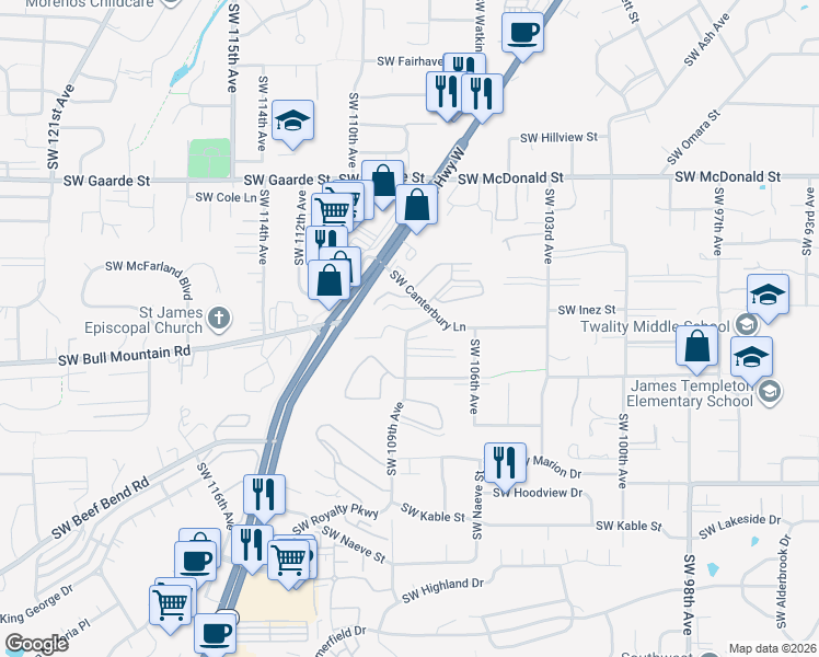 map of restaurants, bars, coffee shops, grocery stores, and more near 14737 Southwest 109th Avenue in Tigard