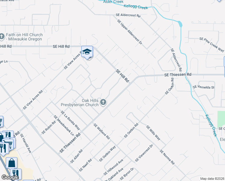 map of restaurants, bars, coffee shops, grocery stores, and more near 5236 Southeast El Centro Way in Milwaukie