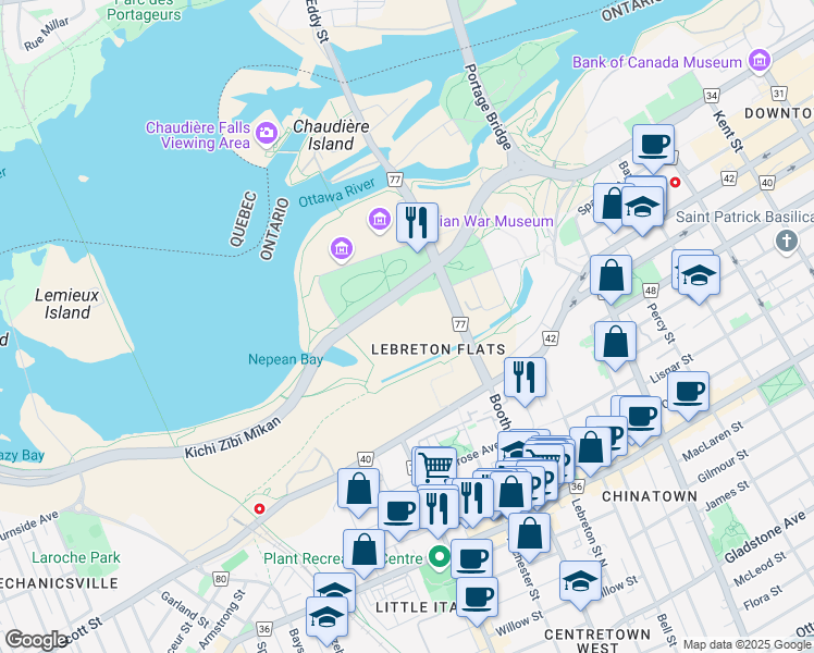 map of restaurants, bars, coffee shops, grocery stores, and more near 112 Broad Street in Ottawa