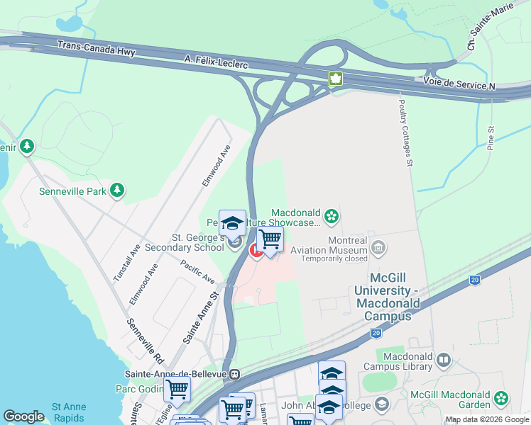 map of restaurants, bars, coffee shops, grocery stores, and more near 138 Rue Léo-Major in Sainte-Anne-de-Bellevue