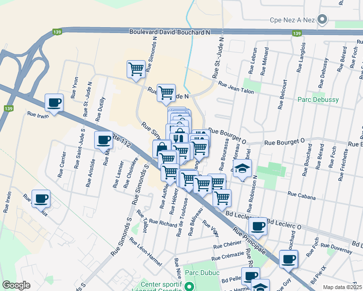 map of restaurants, bars, coffee shops, grocery stores, and more near 40 Rue Évangéline in Granby