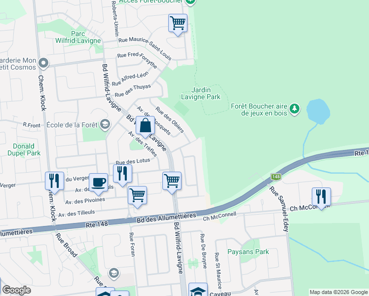 map of restaurants, bars, coffee shops, grocery stores, and more near 108 Rue des Pinacees in Gatineau