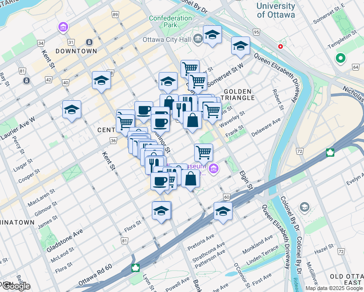 map of restaurants, bars, coffee shops, grocery stores, and more near 345 Frank Street in Ottawa