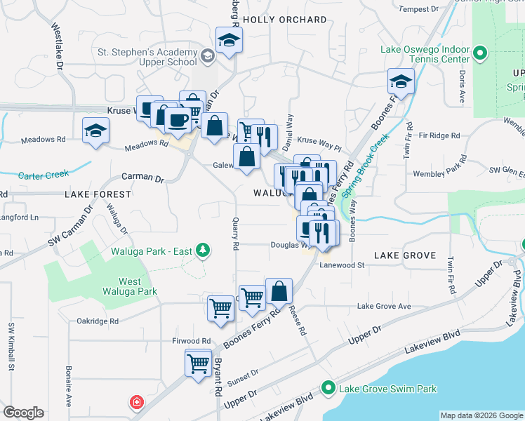 map of restaurants, bars, coffee shops, grocery stores, and more near 4264 Harvey Way in Lake Oswego