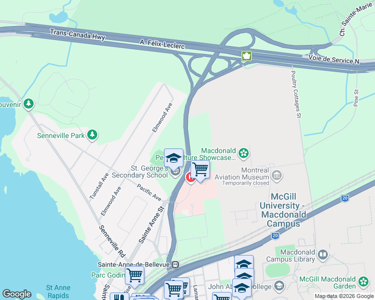 map of restaurants, bars, coffee shops, grocery stores, and more near 425 Boulevard des Anciens-Combattants in Sainte-Anne-de-Bellevue