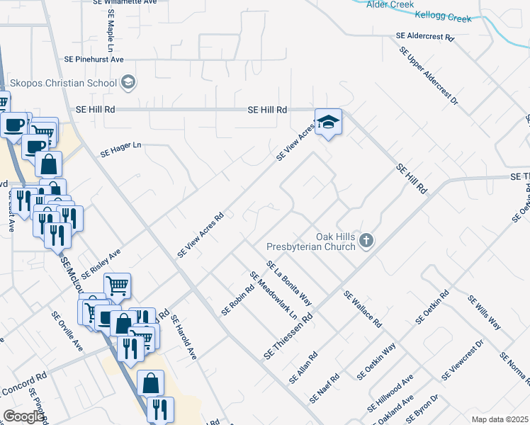 map of restaurants, bars, coffee shops, grocery stores, and more near 4398 Southeast Oatfield Hill Road in Milwaukie