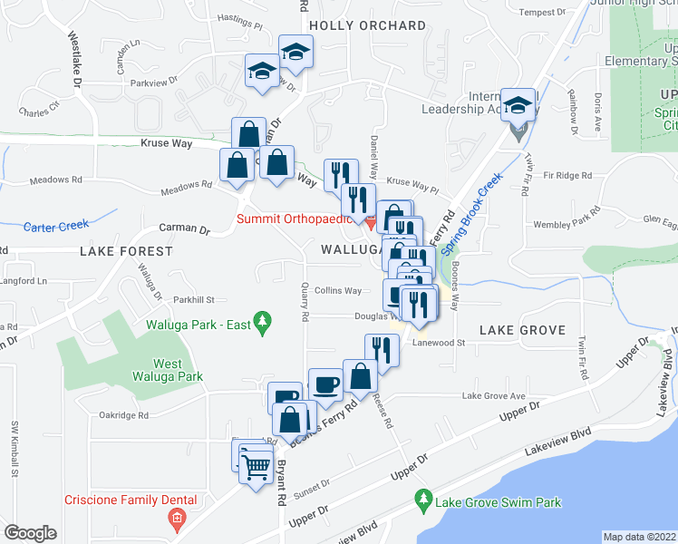 map of restaurants, bars, coffee shops, grocery stores, and more near 4361 Southwest Collins Way in Lake Oswego