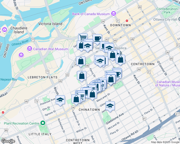 map of restaurants, bars, coffee shops, grocery stores, and more near 206 Bronson Avenue in Ottawa
