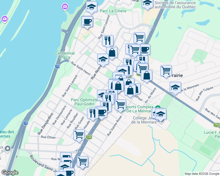 map of restaurants, bars, coffee shops, grocery stores, and more near Rue Saint Henri in La Prairie