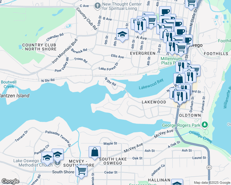 map of restaurants, bars, coffee shops, grocery stores, and more near 1157 Lake Shore Road in Lake Oswego