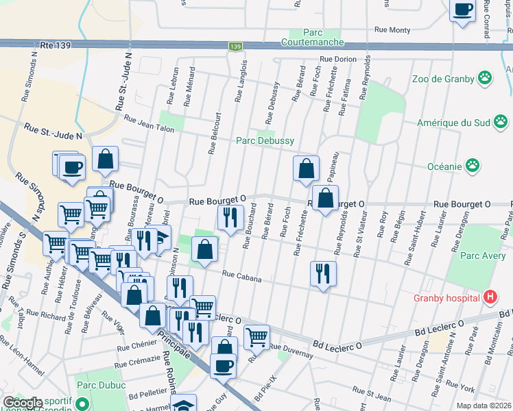 map of restaurants, bars, coffee shops, grocery stores, and more near 315 Rue Bouchard in Granby
