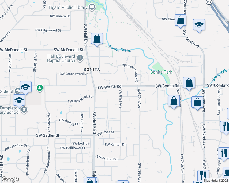 map of restaurants, bars, coffee shops, grocery stores, and more near 14635 Southwest 81st Avenue in Tigard