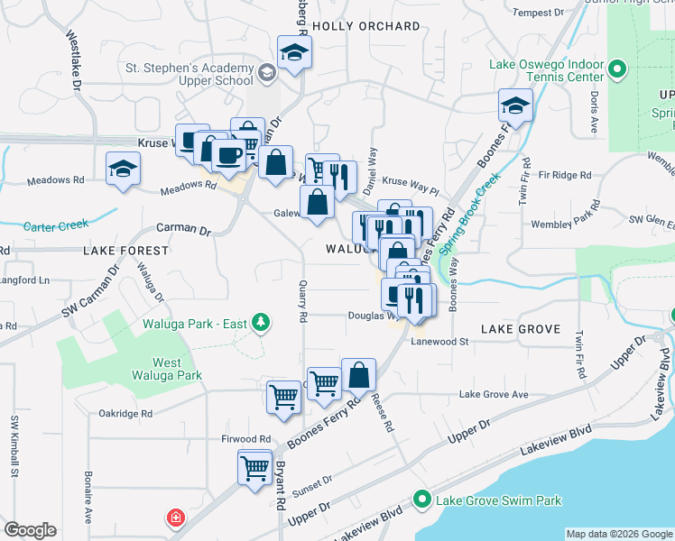 map of restaurants, bars, coffee shops, grocery stores, and more near 4361 Southwest Collins Way in Lake Oswego