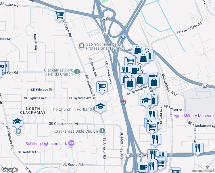map of restaurants, bars, coffee shops, grocery stores, and more near 14914 Southeast Orchid Avenue in Milwaukie