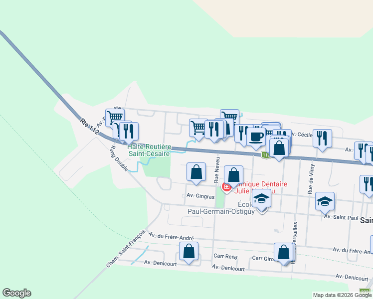 map of restaurants, bars, coffee shops, grocery stores, and more near 2211 Québec 112 in Saint-Césaire