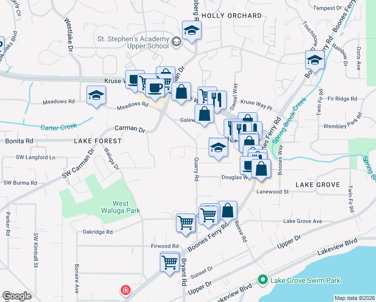 map of restaurants, bars, coffee shops, grocery stores, and more near 15474 Heritage Court in Lake Oswego