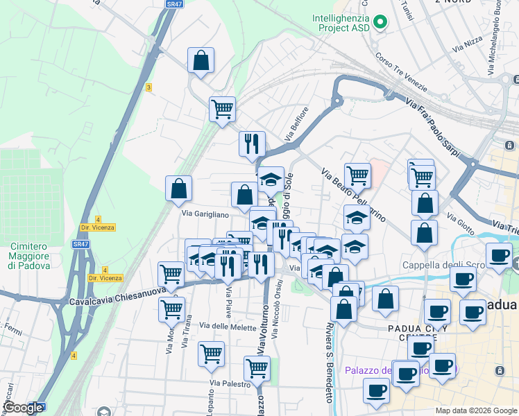 map of restaurants, bars, coffee shops, grocery stores, and more near 9 Via Garigliano in Padua
