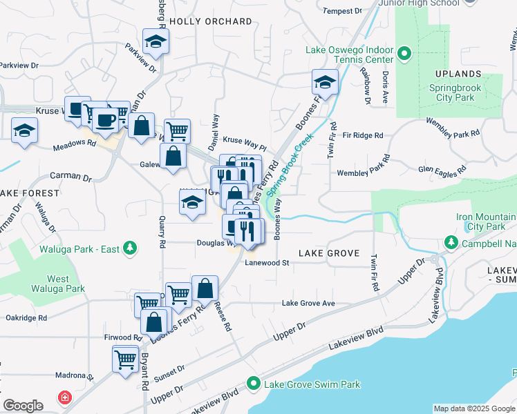 map of restaurants, bars, coffee shops, grocery stores, and more near 15412 Boones Ferry Road in Lake Oswego