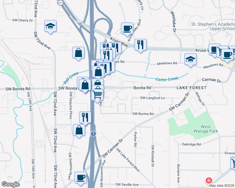map of restaurants, bars, coffee shops, grocery stores, and more near 15438 Southwest Partridge Drive in Lake Oswego