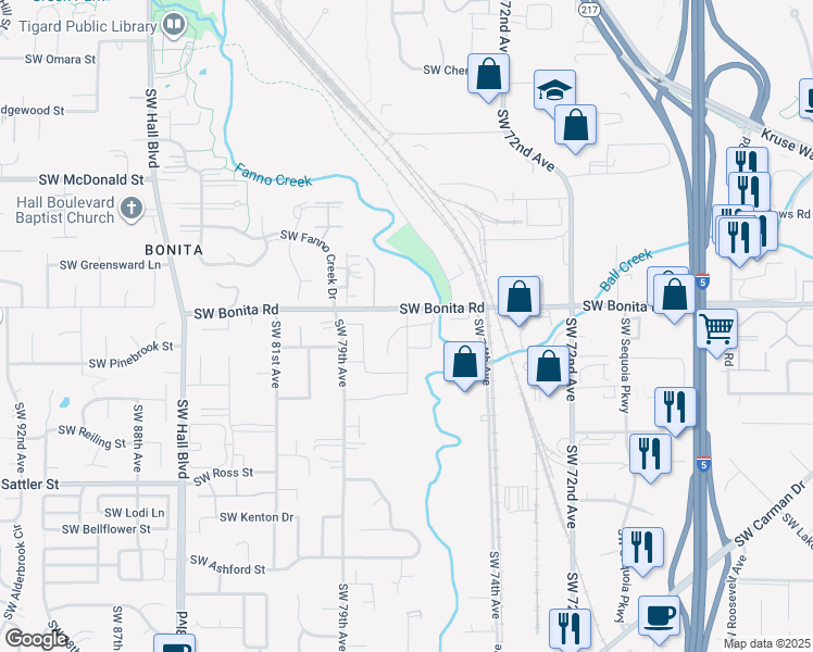 map of restaurants, bars, coffee shops, grocery stores, and more near 14680 Southwest 76th Avenue in Portland