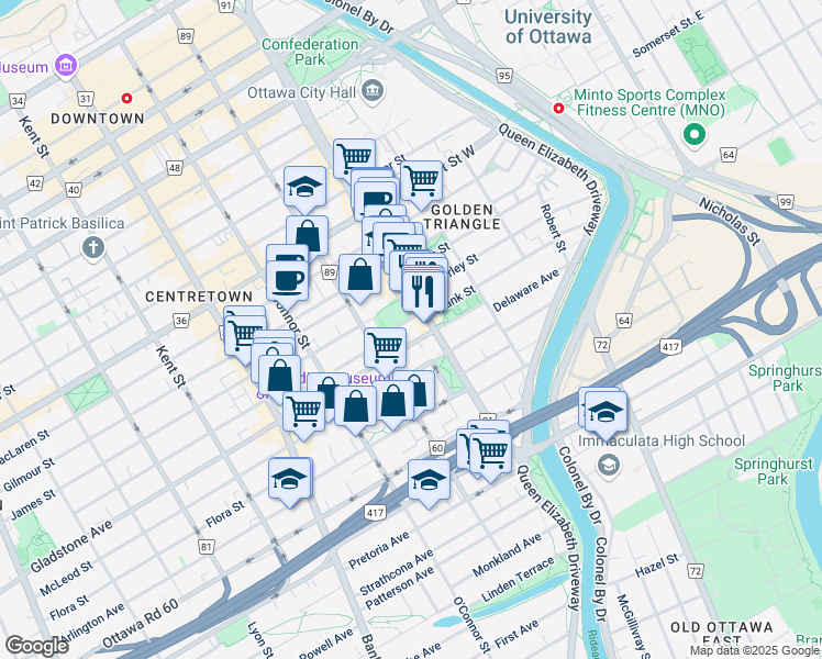 map of restaurants, bars, coffee shops, grocery stores, and more near in Ottawa