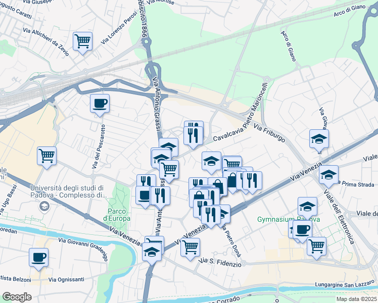 map of restaurants, bars, coffee shops, grocery stores, and more near 18 Via Fratelli Boscardin in Padua